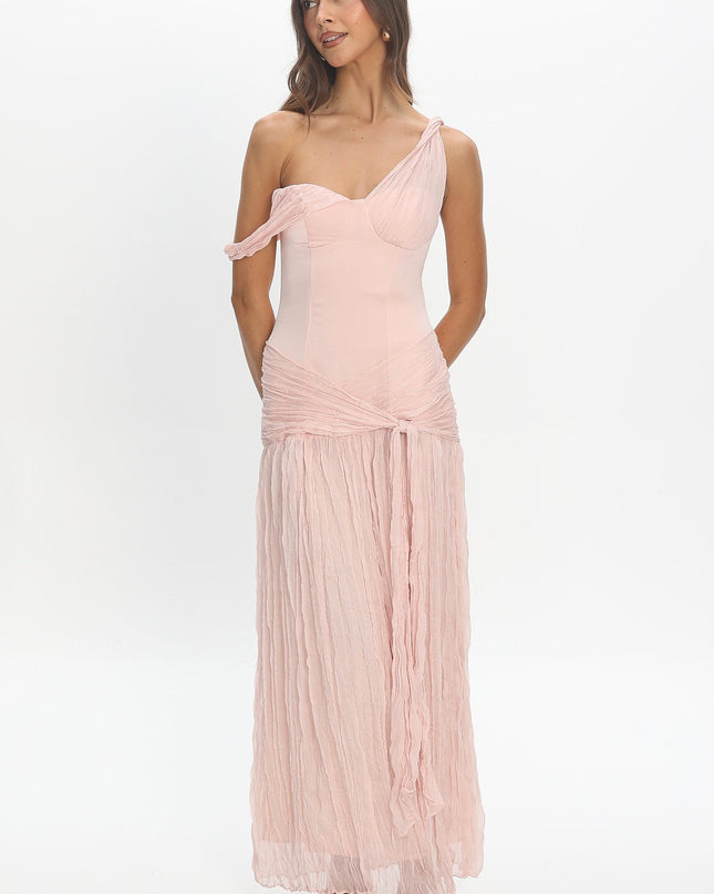 Light Pink Crepe Chiffon One-Shoulder Maxi Dress
