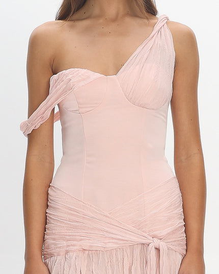 Light Pink Crepe Chiffon One-Shoulder Maxi Dress