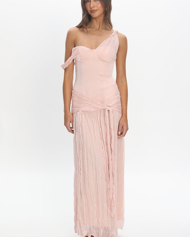 Light Pink Crepe Chiffon One-Shoulder Maxi Dress