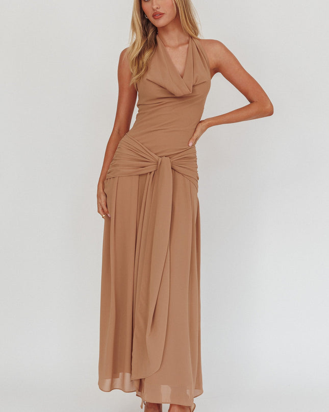 Latte Cowl Halterneck Maxi Dress