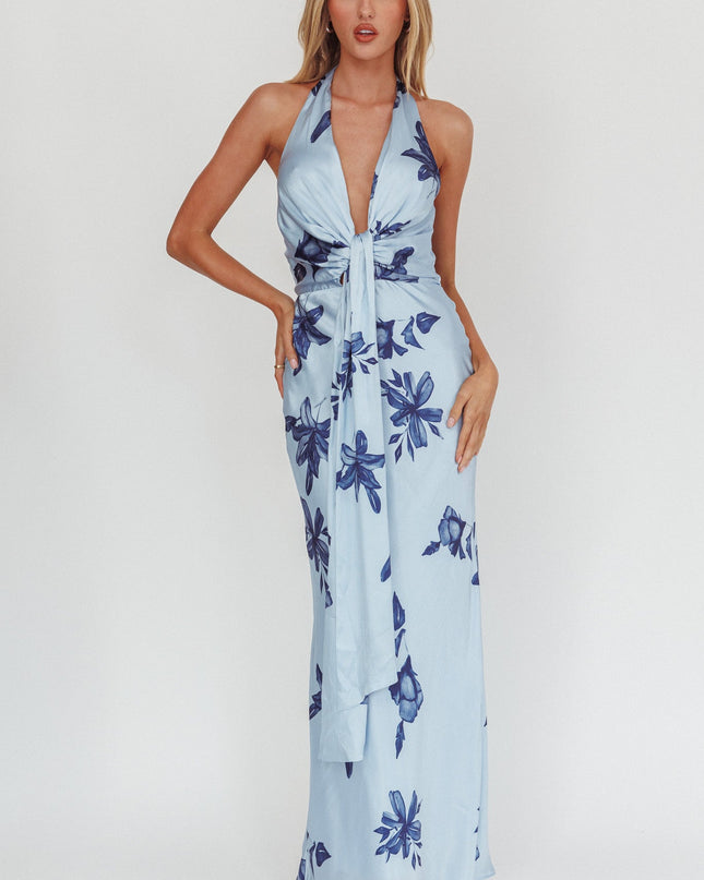 Navy Plunging Halterneck Maxi Dress Floral