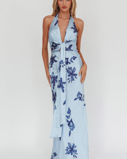 Navy Plunging Halterneck Maxi Dress Floral