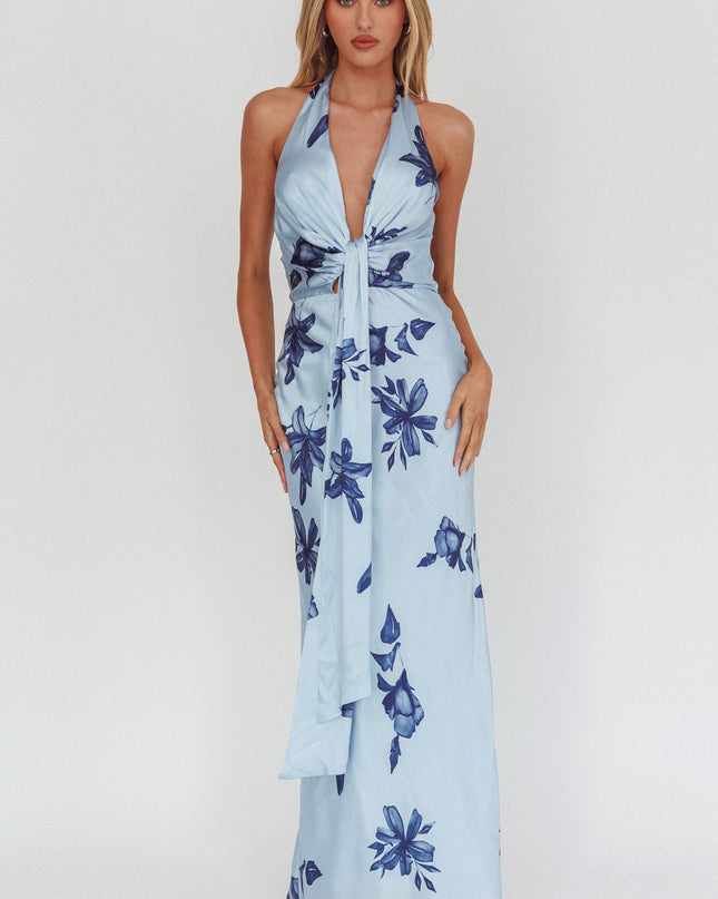Navy Plunging Halterneck Maxi Dress Floral