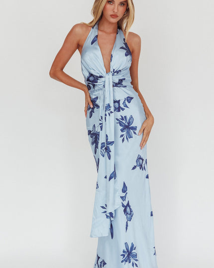 Navy Plunging Halterneck Maxi Dress Floral