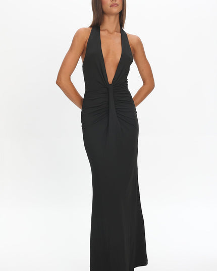 Black Plunging Halterneck Maxi Dress