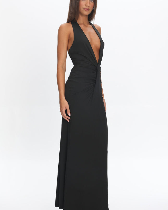 Black Plunging Halterneck Maxi Dress