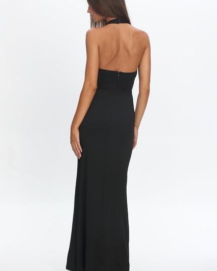 Black Plunging Halterneck Maxi Dress
