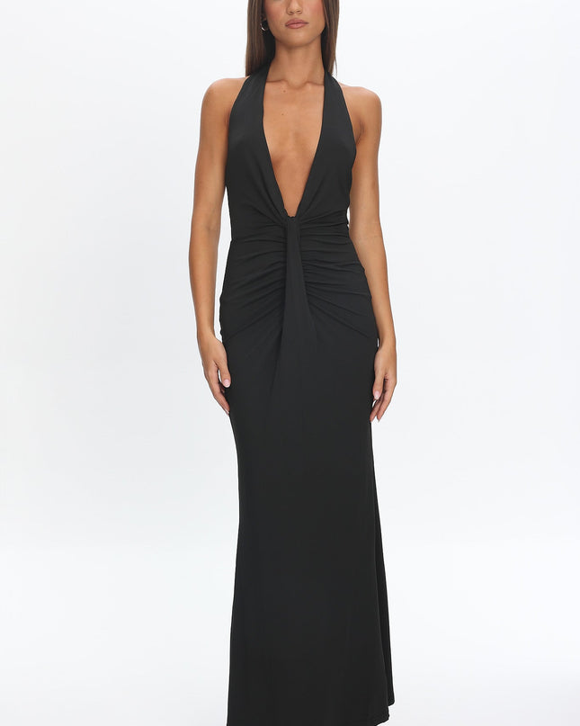Black Plunging Halterneck Maxi Dress