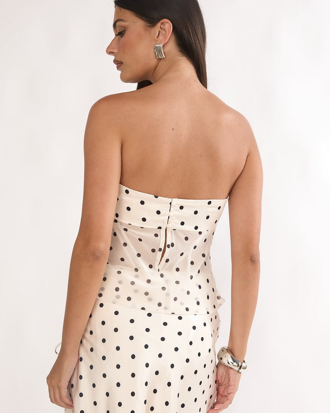 Beige Strapless Sheer Waist Top Polka Dot