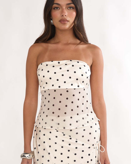 Beige Strapless Sheer Waist Top Polka Dot