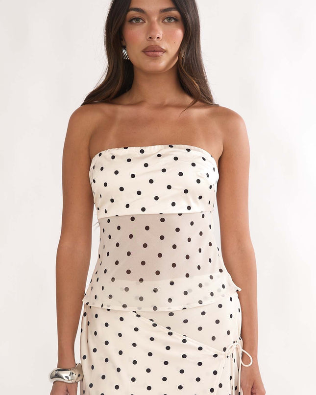 Beige Strapless Sheer Waist Top Polka Dot