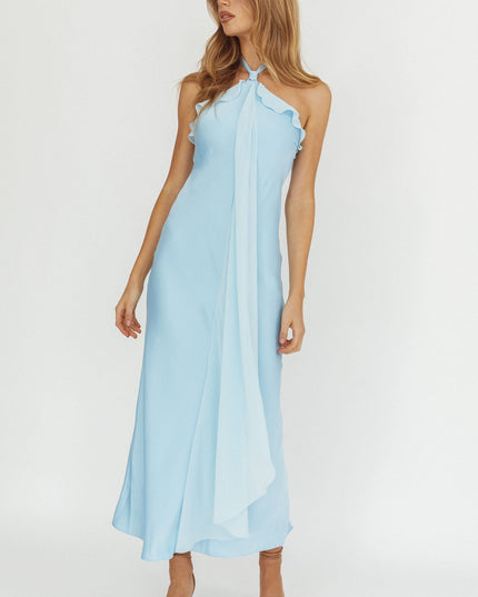 Baby Blue Halterneck Sash Maxi Dress
