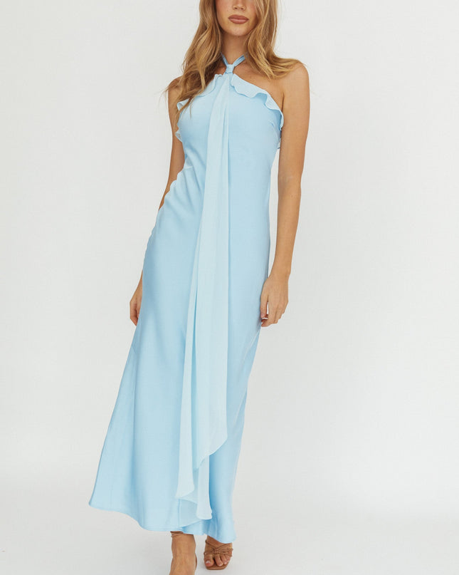 Baby Blue Halterneck Sash Maxi Dress