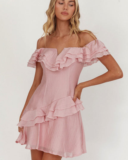 Blush Off-Shoulder Ruffle Trim Mini Dress