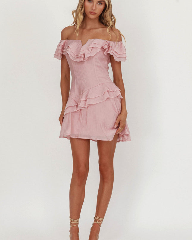 Blush Off-Shoulder Ruffle Trim Mini Dress