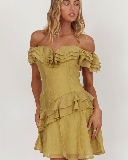 Khaki Off-Shoulder Ruffle Trim Mini Dress