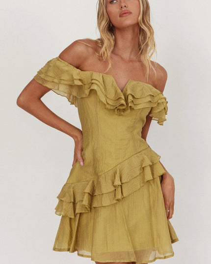 Khaki Off-Shoulder Ruffle Trim Mini Dress