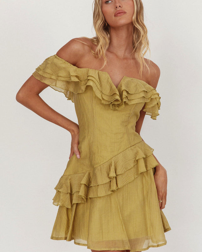 Khaki Off-Shoulder Ruffle Trim Mini Dress