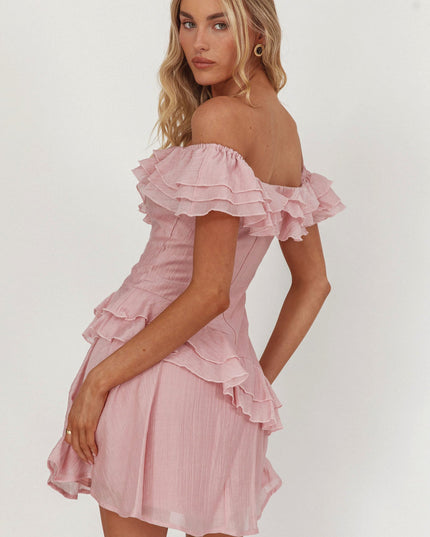 Blush Off-Shoulder Ruffle Trim Mini Dress