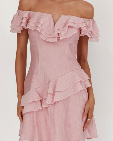 Blush Off-Shoulder Ruffle Trim Mini Dress