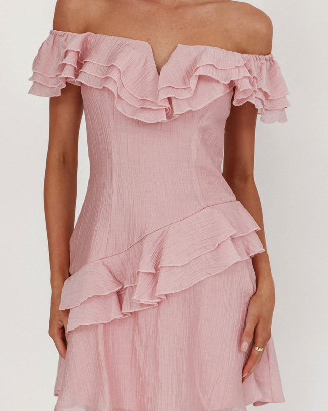 Blush Off-Shoulder Ruffle Trim Mini Dress