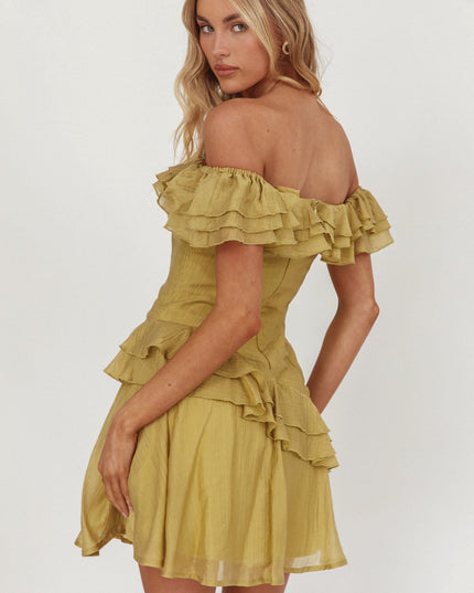 Khaki Off-Shoulder Ruffle Trim Mini Dress