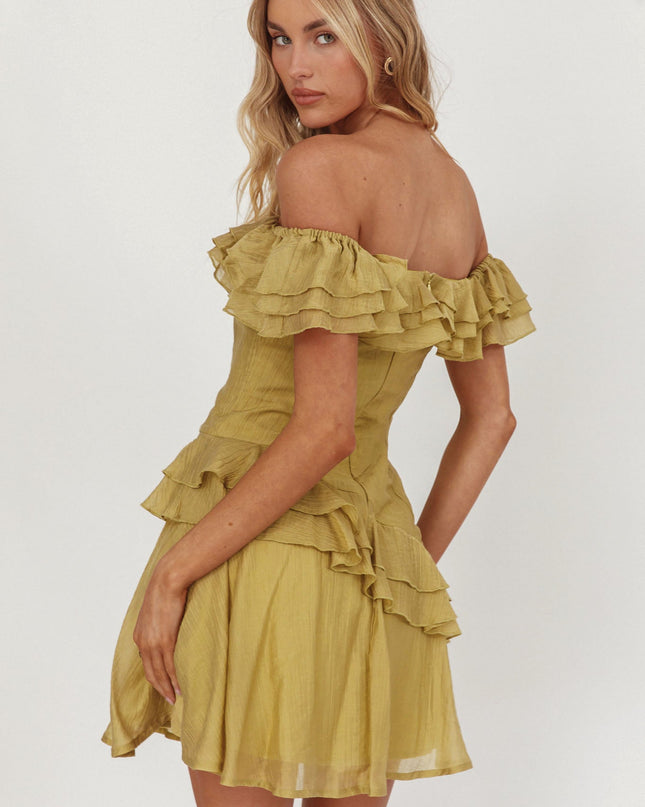 Khaki Off-Shoulder Ruffle Trim Mini Dress
