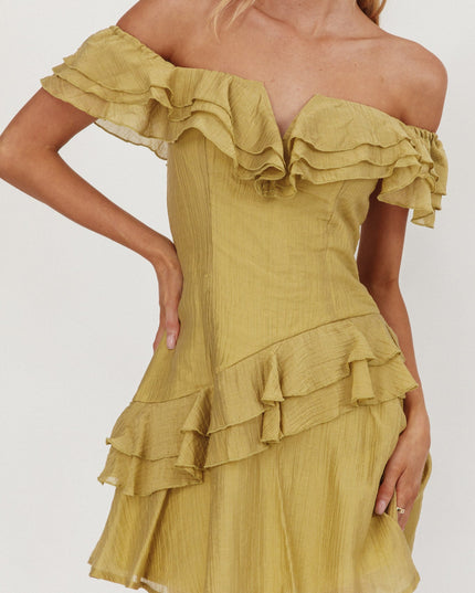 Khaki Off-Shoulder Ruffle Trim Mini Dress