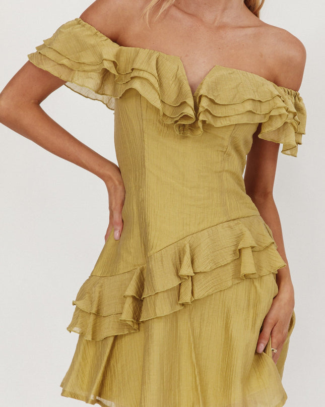 Khaki Off-Shoulder Ruffle Trim Mini Dress