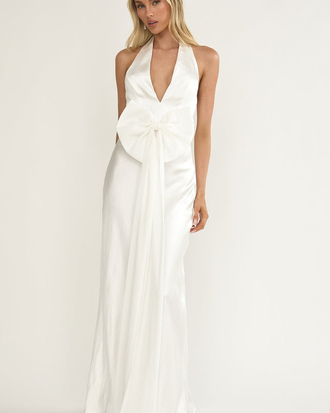 White Oversized Bow Halter Dress