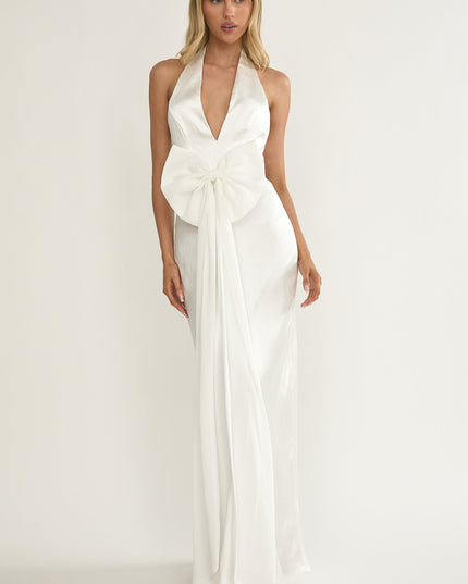 White Oversized Bow Halter Dress