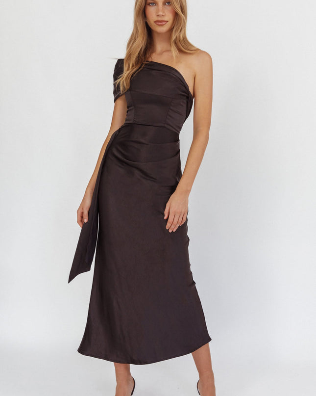 Black One-Shoulder Waist Sash Maxi Dress
