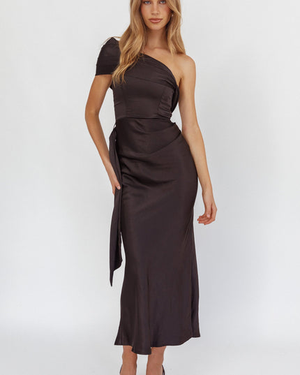Black One-Shoulder Waist Sash Maxi Dress