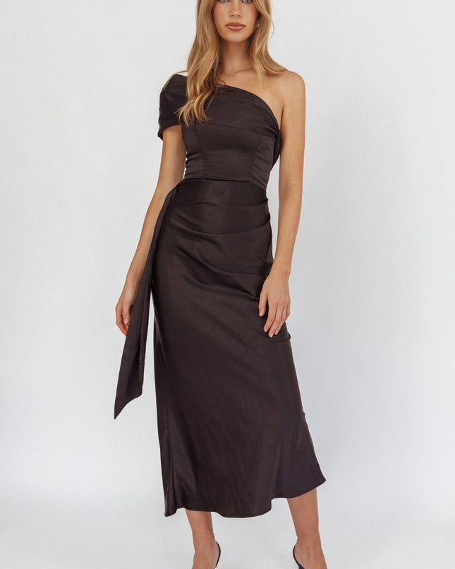 Black One-Shoulder Waist Sash Maxi Dress