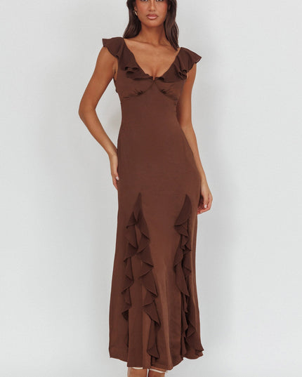 Chocolate Ruffle Trimmed Maxi Dress