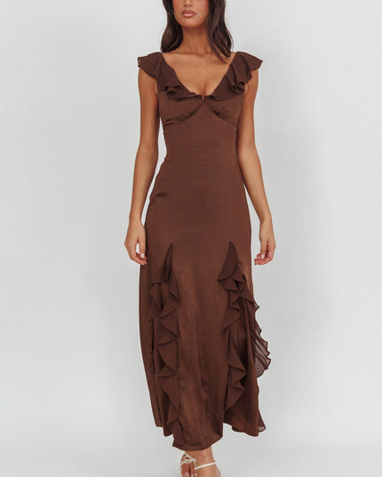 Chocolate Ruffle Trimmed Maxi Dress