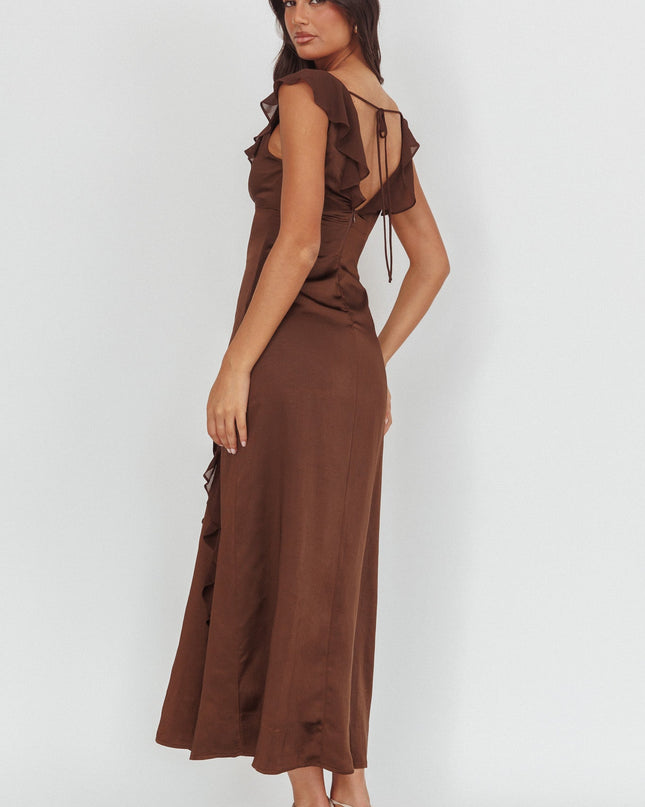 Chocolate Ruffle Trimmed Maxi Dress