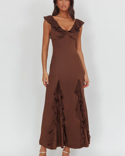 Chocolate Ruffle Trimmed Maxi Dress