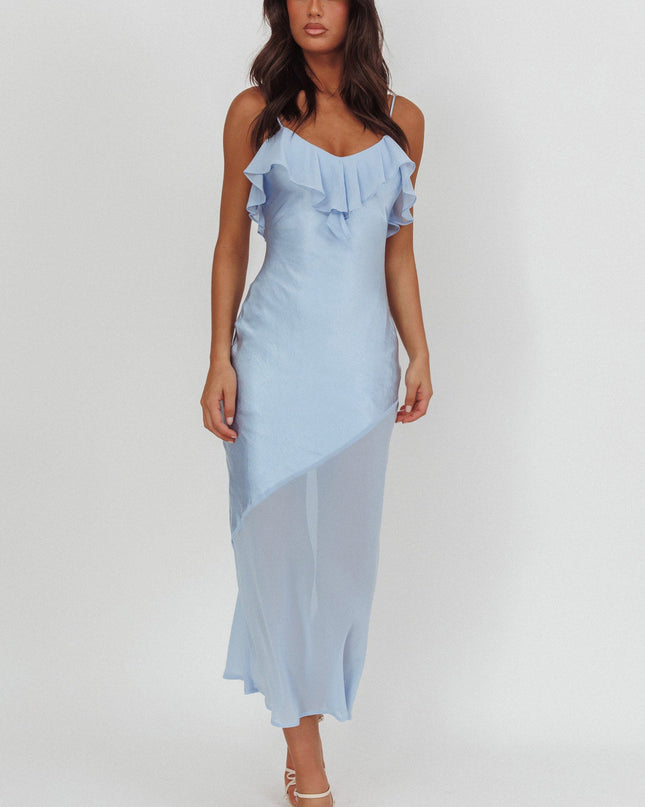 Blue Sheer Hem Ruffle Midi Dress
