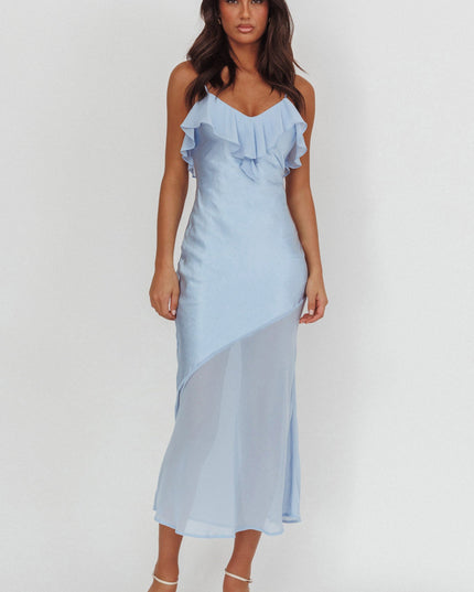 Blue Sheer Hem Ruffle Midi Dress