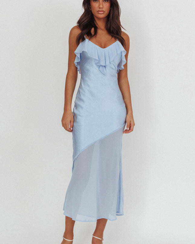 Blue Sheer Hem Ruffle Midi Dress