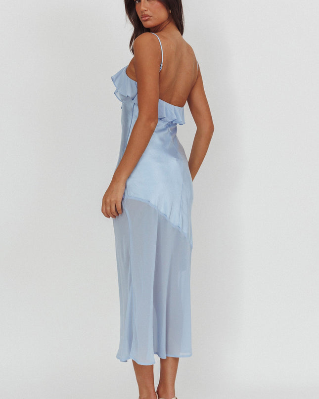 Blue Sheer Hem Ruffle Midi Dress