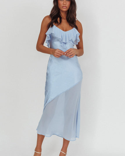 Blue Sheer Hem Ruffle Midi Dress