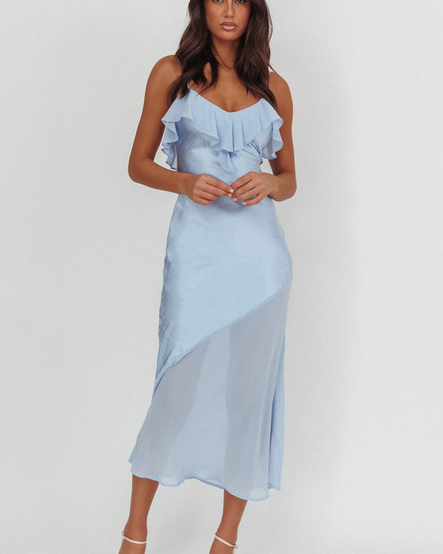 Blue Sheer Hem Ruffle Midi Dress