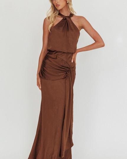 Chocolate Halterneck Draped Sash Maxi Dress