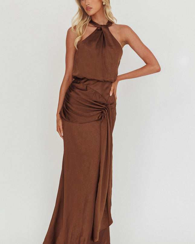 Chocolate Halterneck Draped Sash Maxi Dress