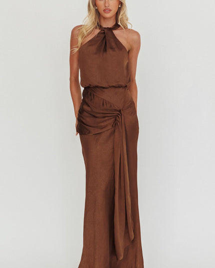 Chocolate Halterneck Draped Sash Maxi Dress