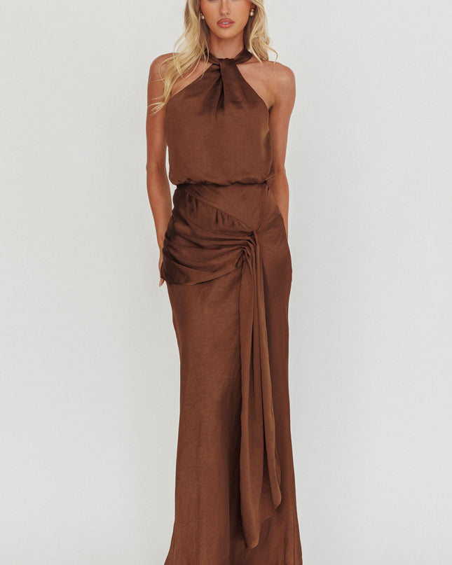 Chocolate Halterneck Draped Sash Maxi Dress