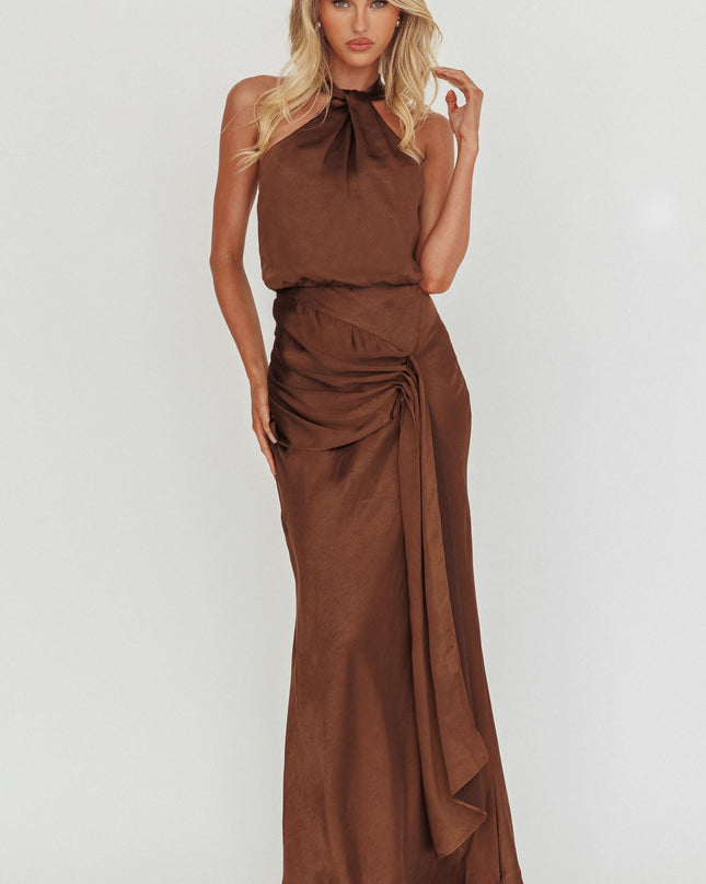 Chocolate Halterneck Draped Sash Maxi Dress