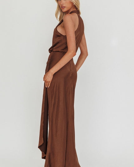 Chocolate Halterneck Draped Sash Maxi Dress